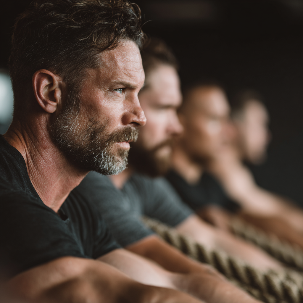 Group of determined men working out together showing teamwork and mutual support
