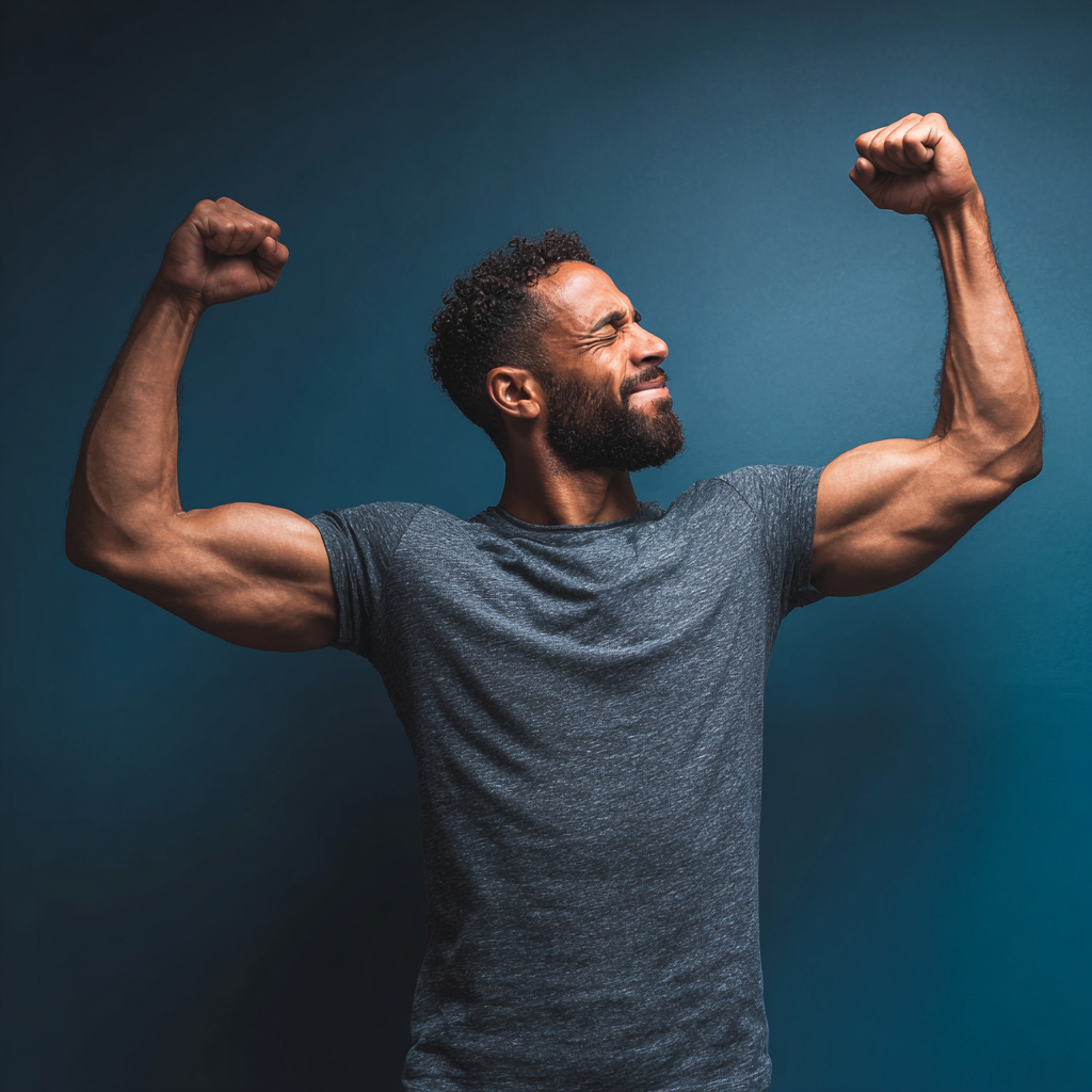 Muscular man celebrating achievement with raised arms showing success and triumph