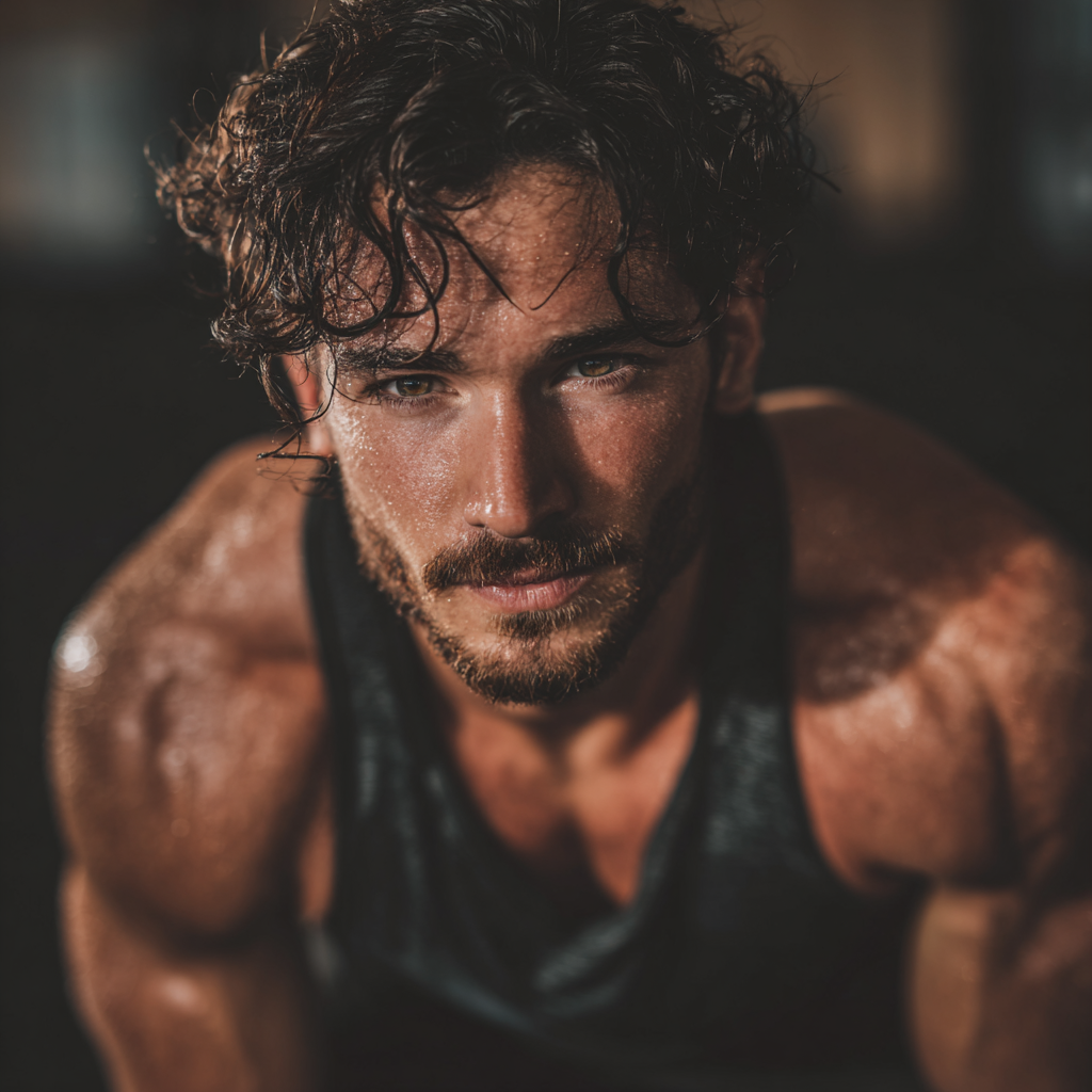 Strong confident man in gym training with determination and focus